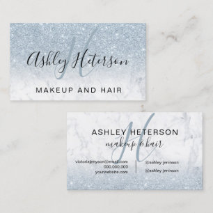 Makeup monogram marble ice blue glitter script  business card
