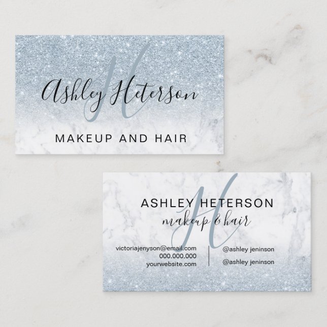 Makeup monogram marble ice blue glitter script  business card (Front/Back)
