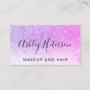 Makeup monogram marble purple pink glitter script business card