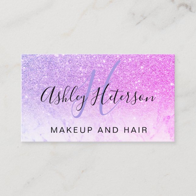 Makeup monogram marble purple pink glitter script business card (Front)