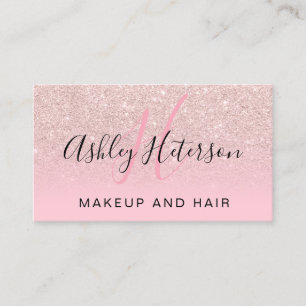 Makeup monogram script rose gold glitter pink business card