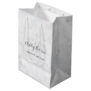 Makeup monogram white marble script typography medium gift bag