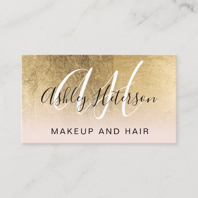 Makeup monogrammed gold foil pink script business card (Front)