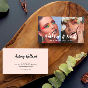 Makeup & Nails White Script 2 Photos Business Card