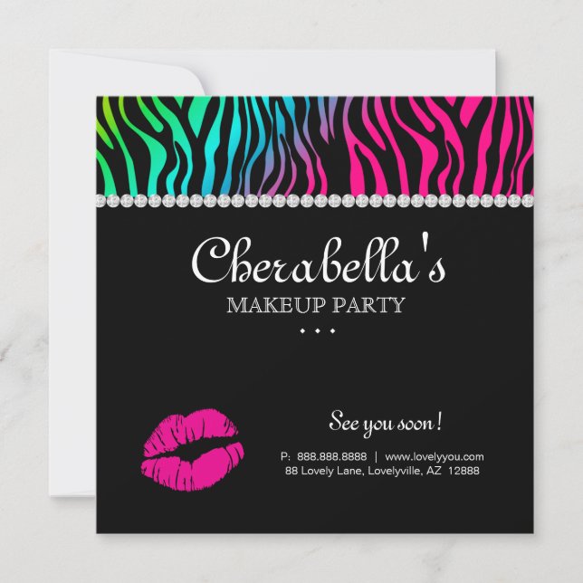 Makeup Party Invitation Zebra Rainbow Jewellery (Front)