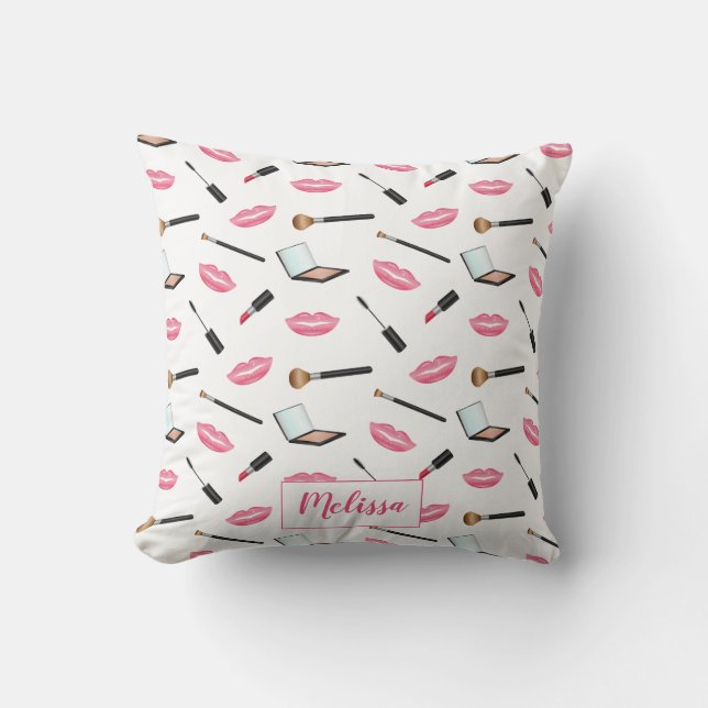 Makeup Pattern And Lips With Personalized Name Throw Pillow (Front)