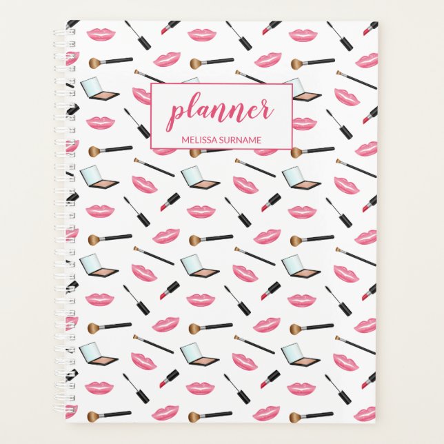 Makeup Pattern And Pink Lips Personalized Name Planner (Front)