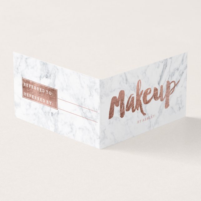 Makeup referral modern rose gold typography marble business card (Outside)