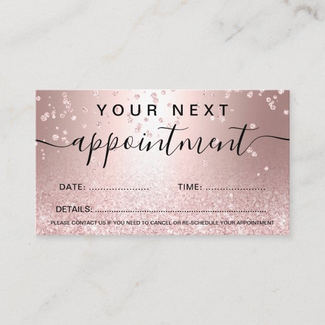 Makeup rose gold glitter metallic sparkle confetti appointment card (Front)