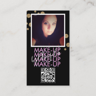 Makeup Salon QR Code Pink Black Glitter Photo Business Card