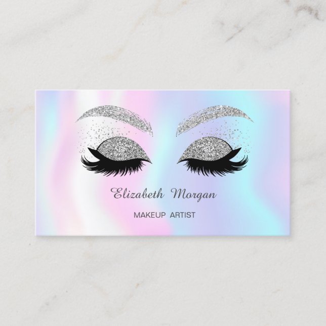 Makeup Silver Glitter Faux Lashes Holographic Business Card (Front)