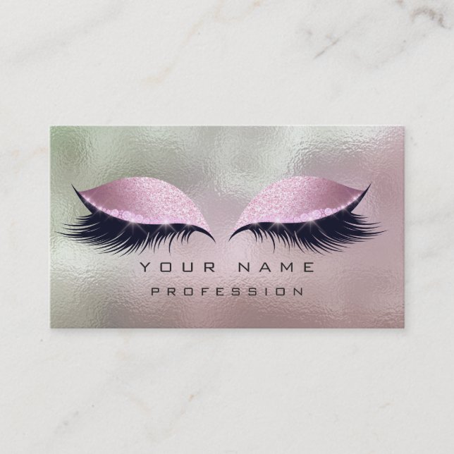 Makeup Silver Mint Pink Glass Eyes Lashes Glitter Business Card (Front)