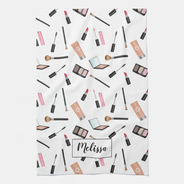 Makeup Stuff Illustrated Pattern Personalized Name Kitchen Towel (Vertical)