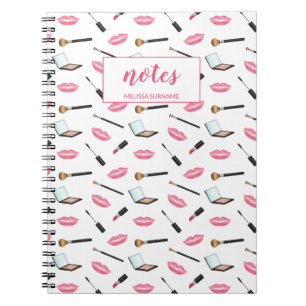 Makeup Stuff Pattern And Pink Lips & Custom Name Notebook