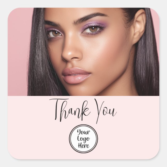 Makeup Thank You Photo Blush Pink Script Your Logo Square Sticker (Front)