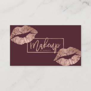 Makeup typography lips faux rose gold burgundy business card