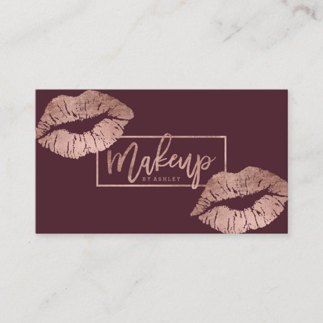 Makeup typography lips faux rose gold burgundy business card (Front)