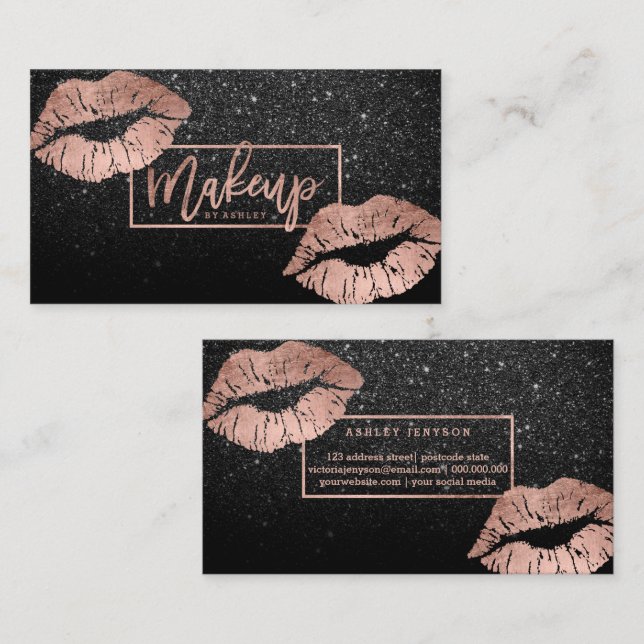 Makeup typography lips rose gold black glitter business card (Front/Back)