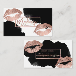 Makeup typography lips rose gold black watercolor business card