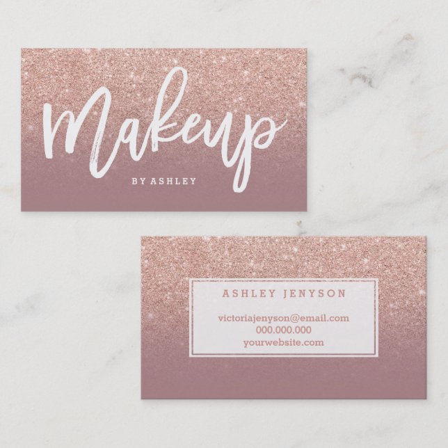 Makeup typography rose gold glitter dusty rose business card (Front/Back)