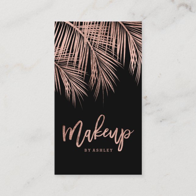 Makeup typography rose gold palm tree leaf black business card (Front)