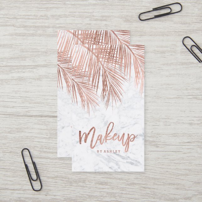 Makeup typography rose gold palm tree leaf marble business card (Front/Back In Situ)