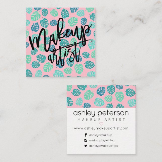 Makeup typography tropical leaf pink square business card (Front/Back)