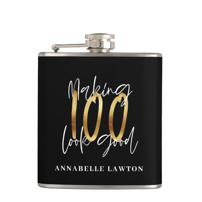 Making 100 look good gold birthday invitation hip flask (Front)