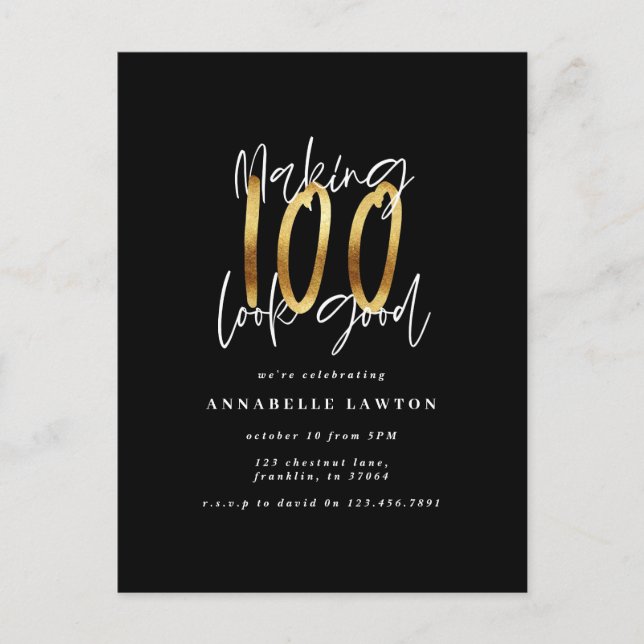 Making 100 look good gold birthday invitation postcard (Front)
