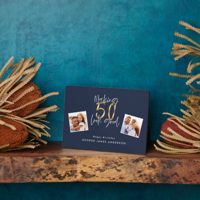 making 50 look good blue and gold birthday  plaque (Side)