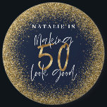 Making 50 look good blue gold birthday button<br><div class="desc">Making 50 look good age birthday typographic personalized birthday gift. Life begins at fifty, show how happy you are to be in your fifties with this design, ideal for a birthday party or celebration weekend away. Make it a party to remember with the awesome outfit or a ideal gift for...</div>