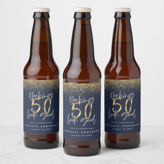 Making 50 look good blue gold birthday party beer  beer bottle label (Bottles)