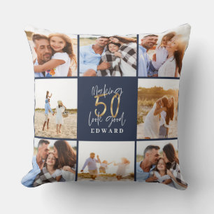 Making 50 look good blue gold photo birthday throw pillow