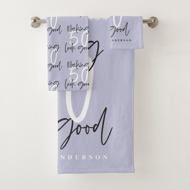 Making 50 look good gold birthday celebration bath towel set (Insitu)