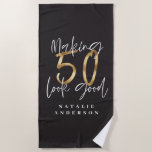 Making 50 look good gold birthday celebration beach towel<br><div class="desc">Celebrate your 50th birthday in style with this black,  white and gold effect 50 and fabulous birthday design. A modern design with script text and bold graphics. Change the colour to customise. Part of a collection.</div>