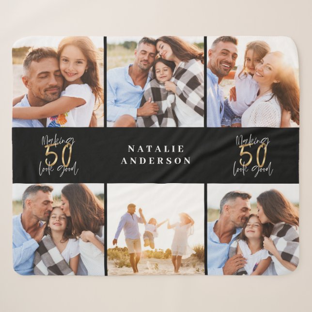 Making 50 look good gold black photo birthday sherpa blanket (Front (Horizontal))
