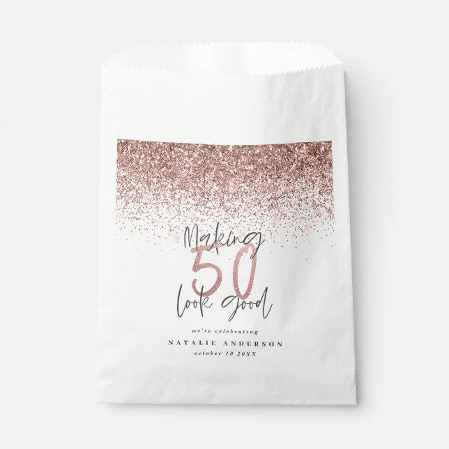 Making 50 look good rose gold glitter party favour bag (Front)