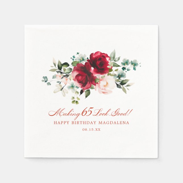 Making 65 Look Good Red Pink Floral Custom Napkin (Front)
