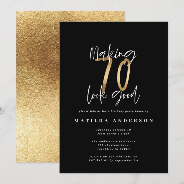 Making 70 look good gold birthday invitation (Front/Back)