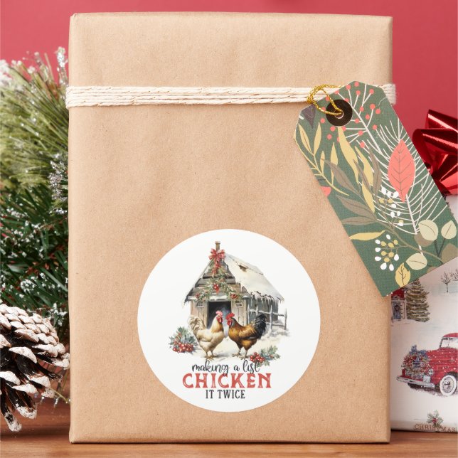 Making a List Chicken It Twice Country Christmas Classic Round Sticker (Holiday)