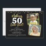 Making AGE Look Good 2 Photos Black Gold Birthday Invitation<br><div class="desc">Making AGE Look Good 2 Photos Birthday Invitations. Celebrate any age birthday for her or him with these elegant and festive custom colour party invitations featuring the editable age title MAKING "AGE" LOOK GOOD! in a modern faux metallic gold foil calligraphy script typography in your choice of background colour (shown...</div>