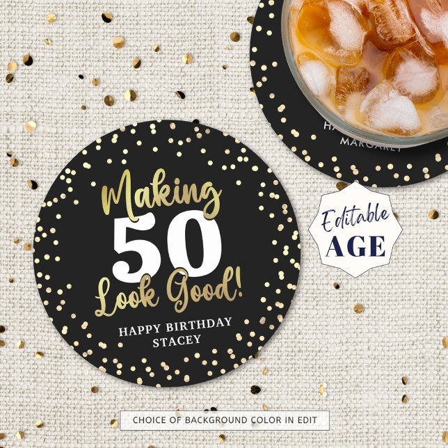 Making AGE Look Good Black Gold Birthday Round Paper Coaster (Creator Uploaded)