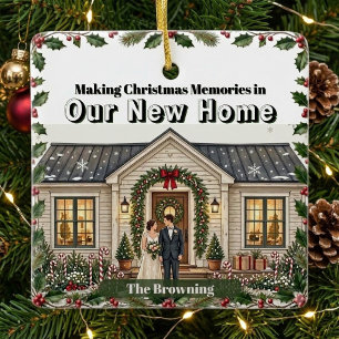 Making Christmas Memories in New Home Couple Photo Ceramic Ornament