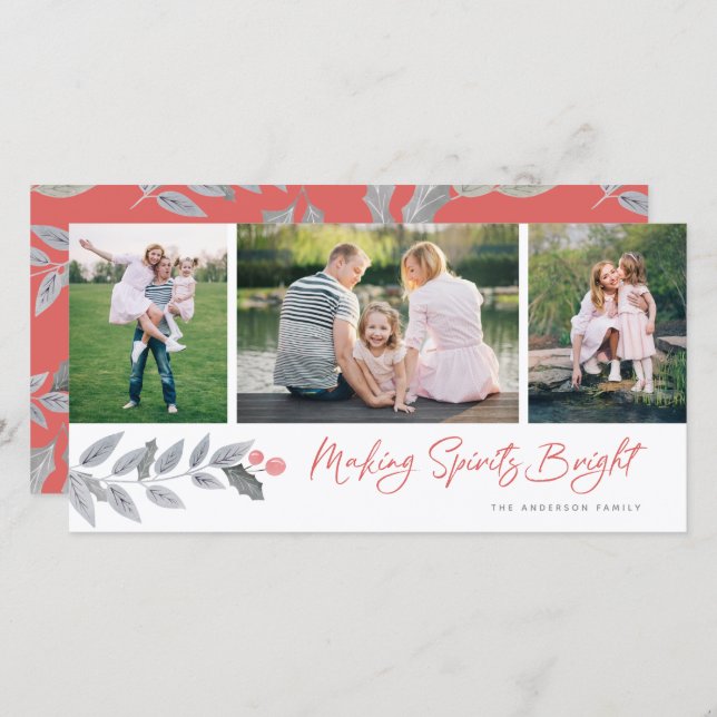 Making Spirits Bright Berry Floral 3 Photo Collage Holiday Card (Front/Back)