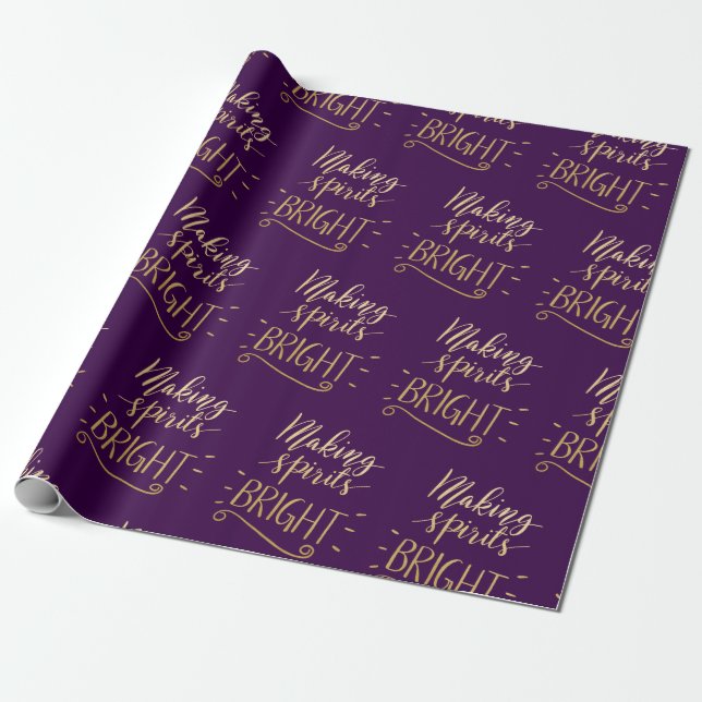 Making Spirits Bright Gold Script Pattern | Purple Wrapping Paper (Unrolled)