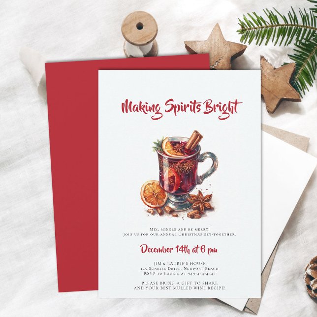 Making Spirits Bright Mulled Wine Christmas Party Invitation (making spirits bright christmas party invitation mulled wine cocktails mixer annual family holiday)