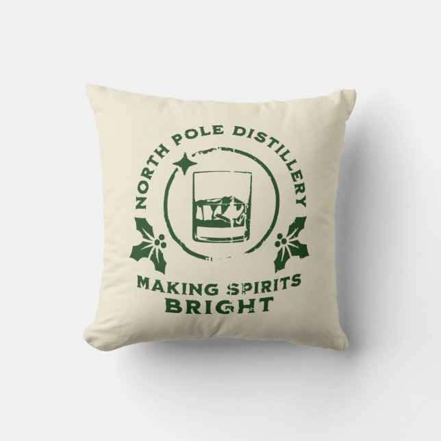 Making Spirits Bright North Pole Distillery Green Throw Pillow (Front)