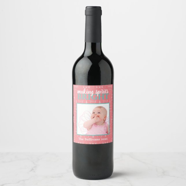 Making Spirits Bright Retro Pink Baby Photo Wine Label (Front)