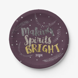 Making Spirits Bright Silver Leaves Purple Holiday Paper Plate