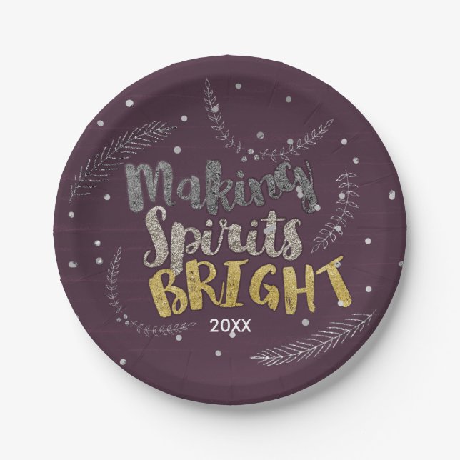 Making Spirits Bright Silver Leaves Purple Holiday Paper Plate (Front)